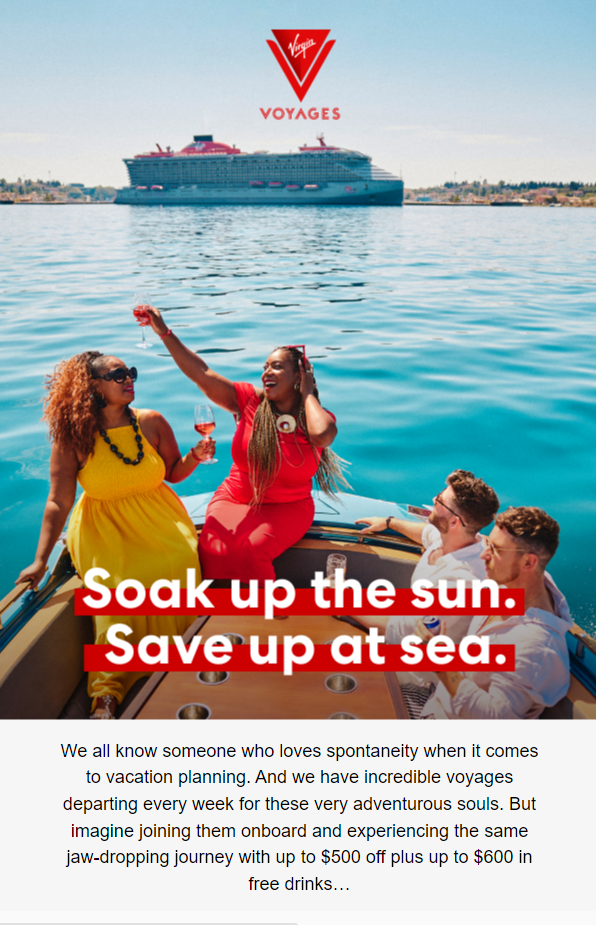 Virgin Voyages soak up the sun, and save up at sea promo.
