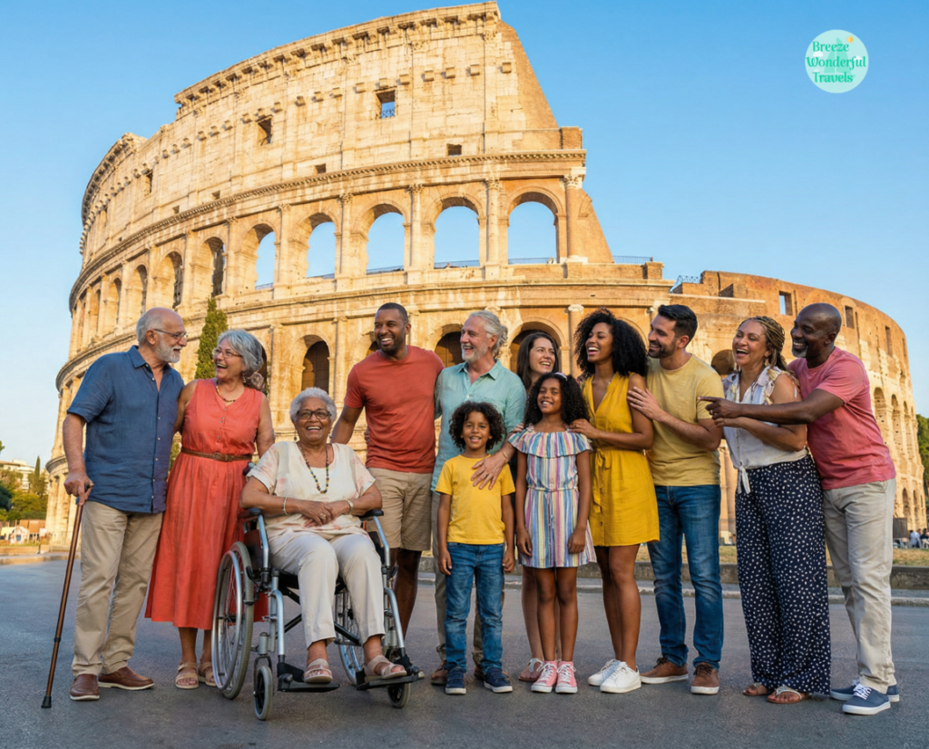 multigenerational family group posing in front of iconic global landmarks for a travel agency. Include grandparents, parents, children, and young adults, representing diverse ethnicities, genders, and abilities at the Colosseum in Rome. The group should be smiling, interacting naturally, and conveying joy, togetherness, and adventure. Use bright, natural lighting, vibrant yet professional colors, and a warm, inviting, inclusive atmosphere