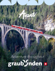 An adventure travel brochure highlighting outdoor experiences, alpine scenery, and nature routes throughout the Swiss canton of Graubünden.