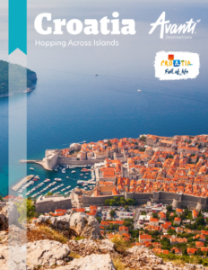 Croatia travel brochure featuring island hopping across the Adriatic Sea, coastal towns, and crystal-clear waters.