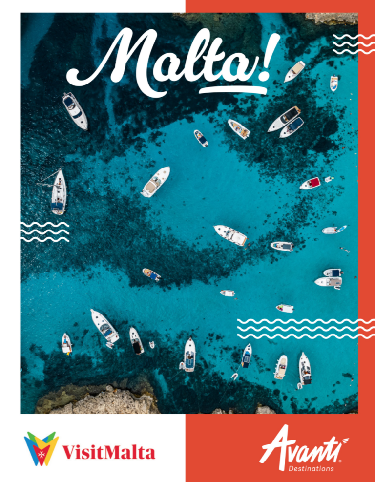 Malta travel brochure highlighting Mediterranean beaches, historic architecture, and island culture.
