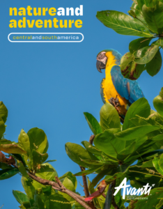 Travel brochure for nature and adventure in Central and South America with jungles, mountains, and vibrant ecosystems.