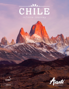 Chile travel brochure showcasing diverse landscapes, outdoor adventures, glaciers, deserts, and coastal scenery.